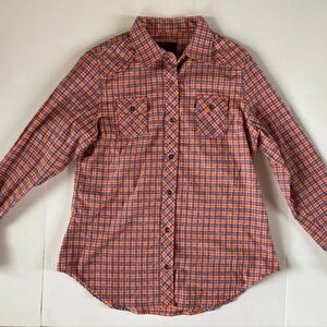 RQQBA Women's Long Sleeve Button Front Plaid Flannel Shirt Orange Blue Size M